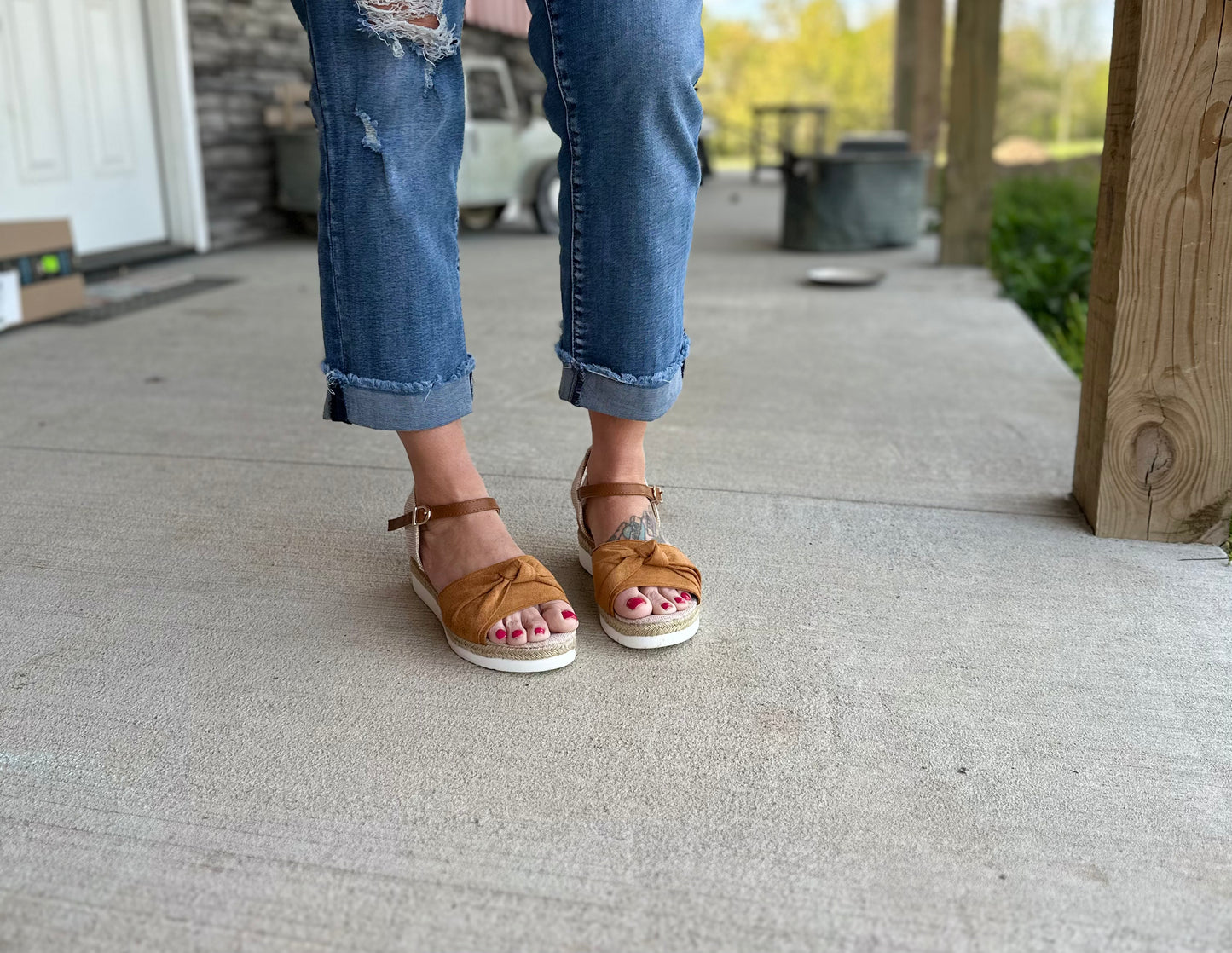 Brown Bow Knot Ankle Strap Wedge Sandals