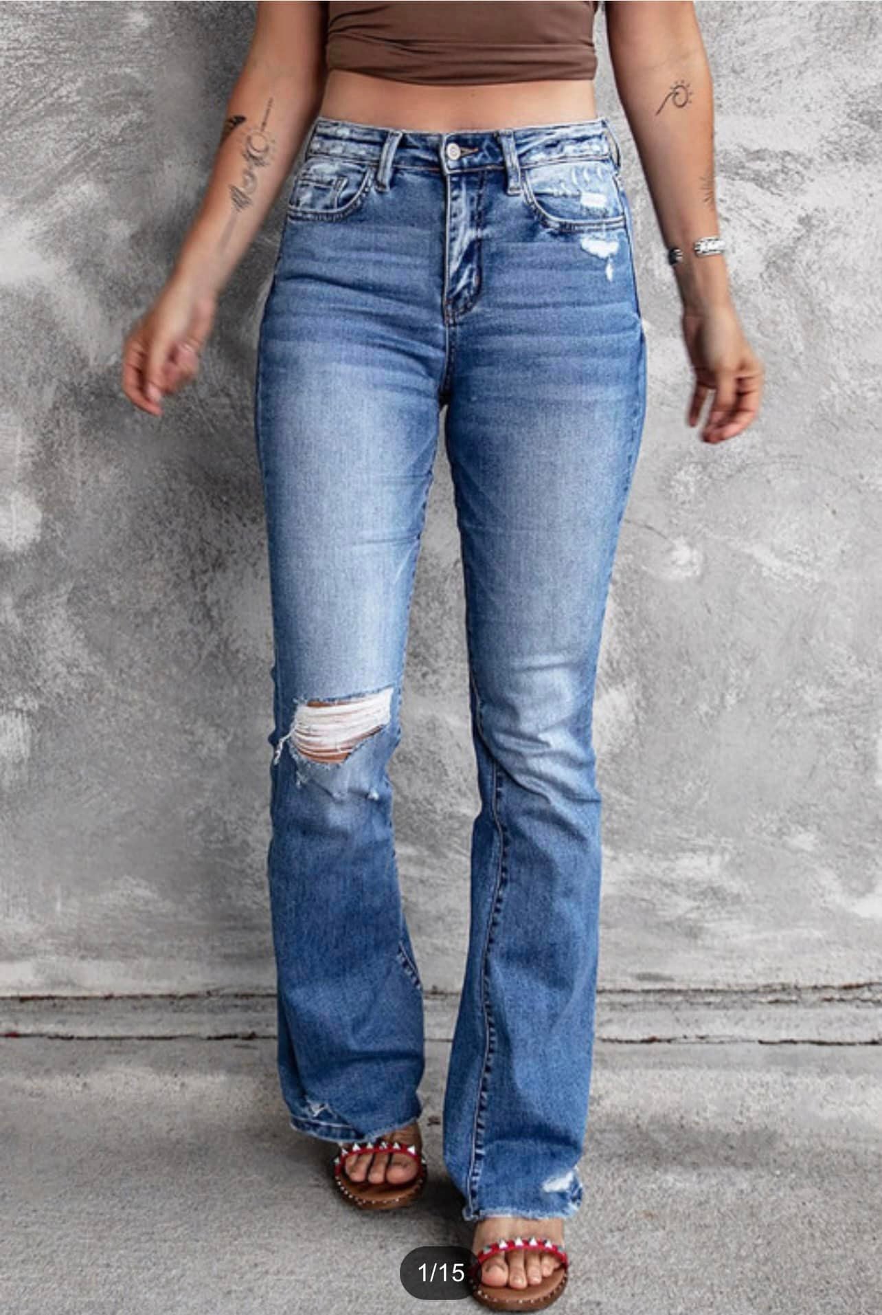 Blue Distressed Flare Jeans