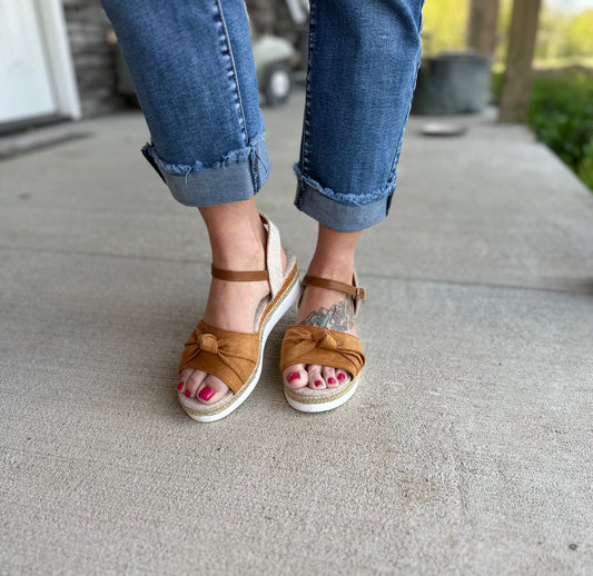 Brown Bow Knot Ankle Strap Wedge Sandals