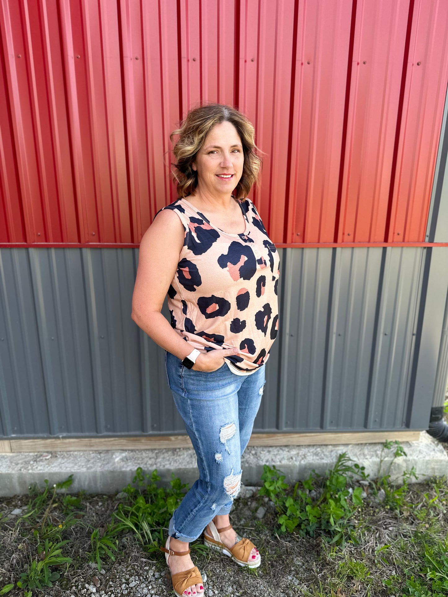 Leopard Button Neck Tank Top