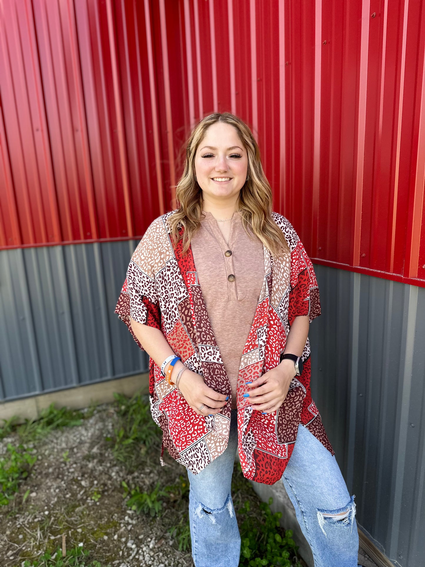 Red Leopard Color Block Open Front Kimono