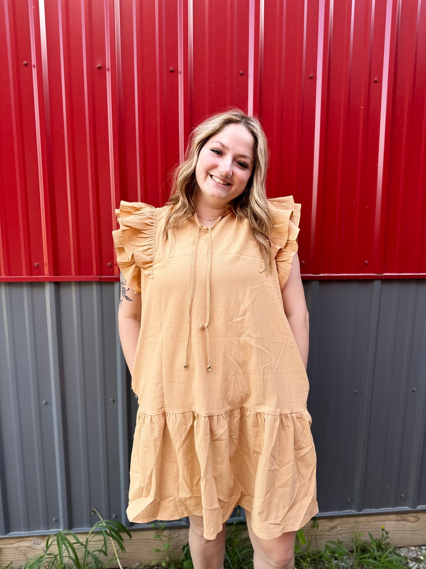 Khaki Tiered Ruffled Sleeves Mini Dress with Pockets