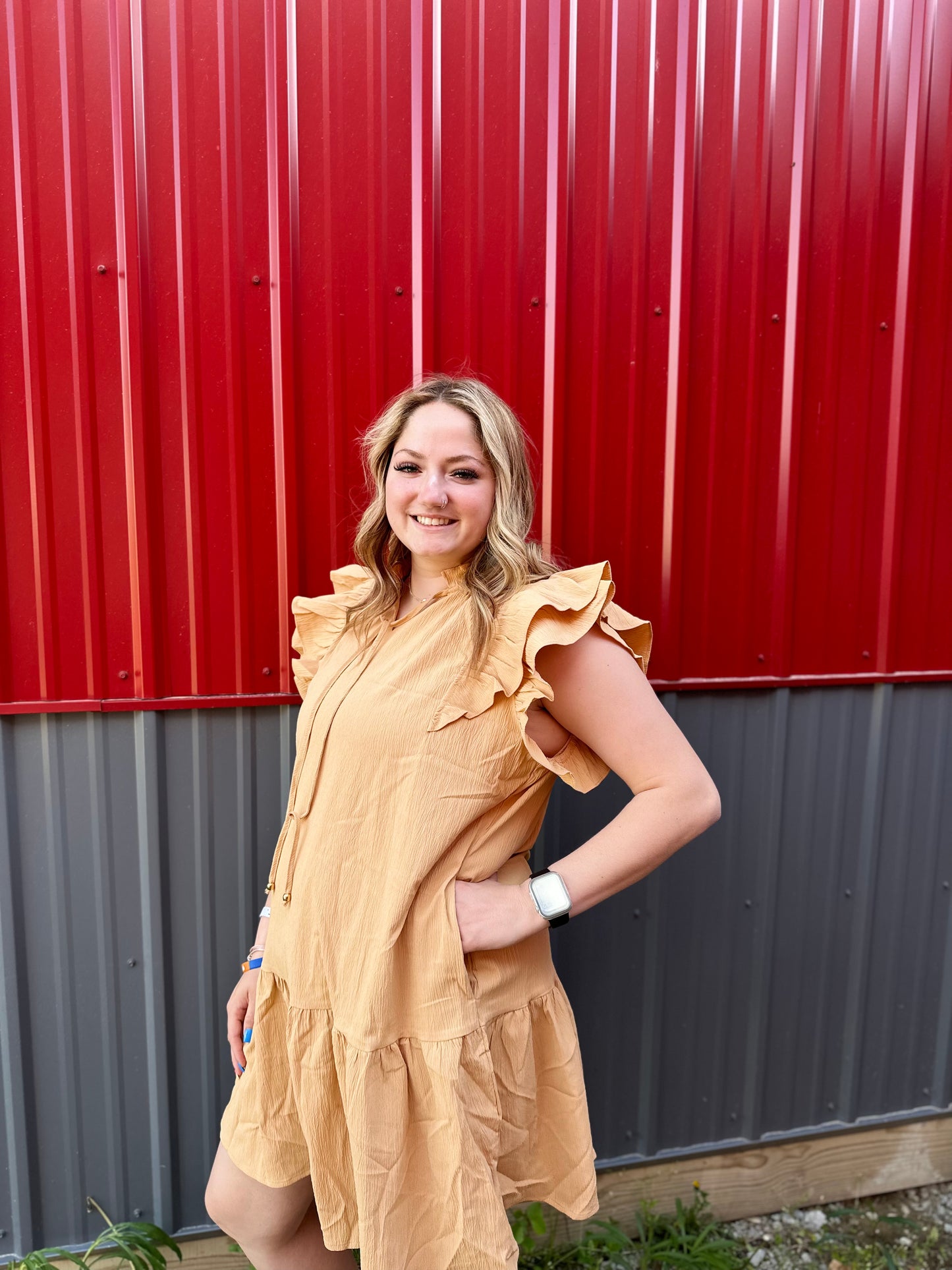 Khaki Tiered Ruffled Sleeves Mini Dress with Pockets