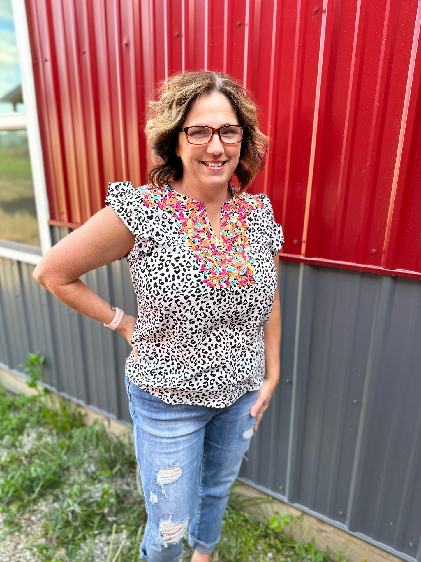 Leopard Ruffle V-neck Top