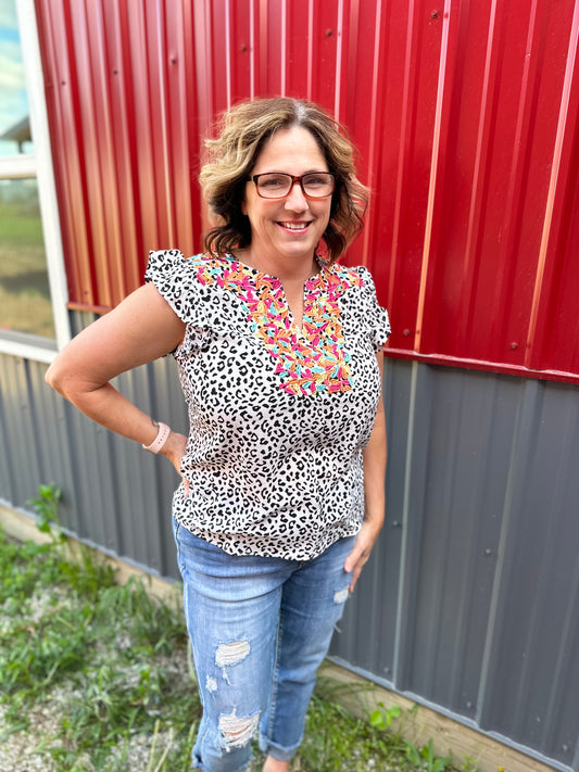 Leopard Ruffle V-neck Top