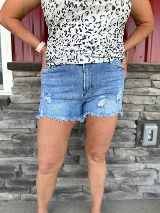 Light Blue Distressed Ripped Denim Shorts with Pockets