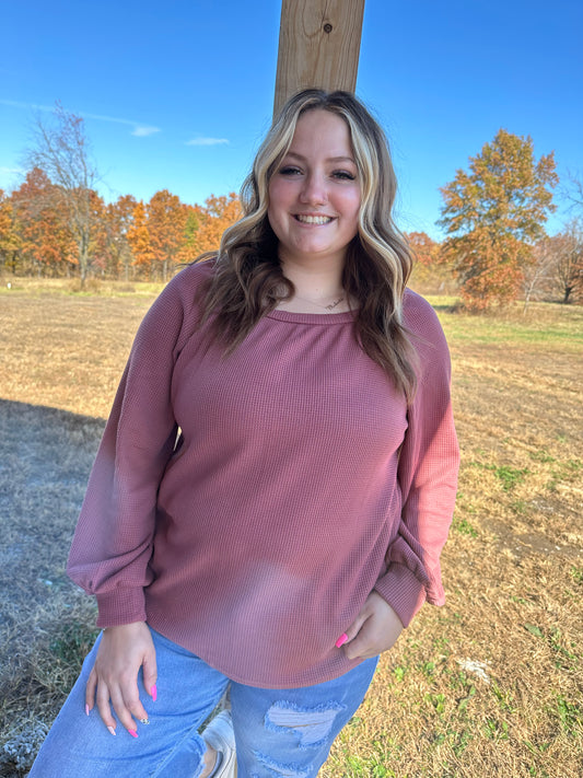 Scoop Neck Puff Sleeve Waffle Knit Top in Pink