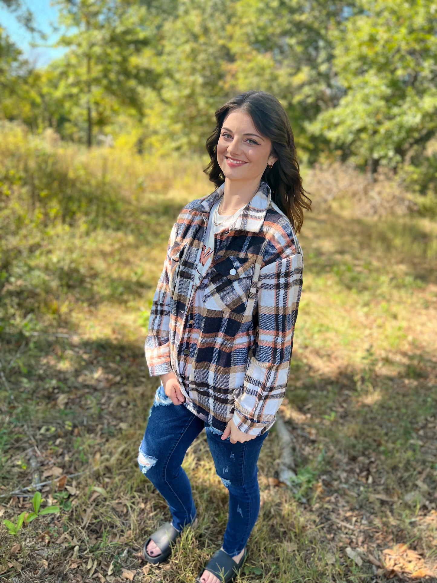 Blue Geometric Plaid Print Pocketed Shirt