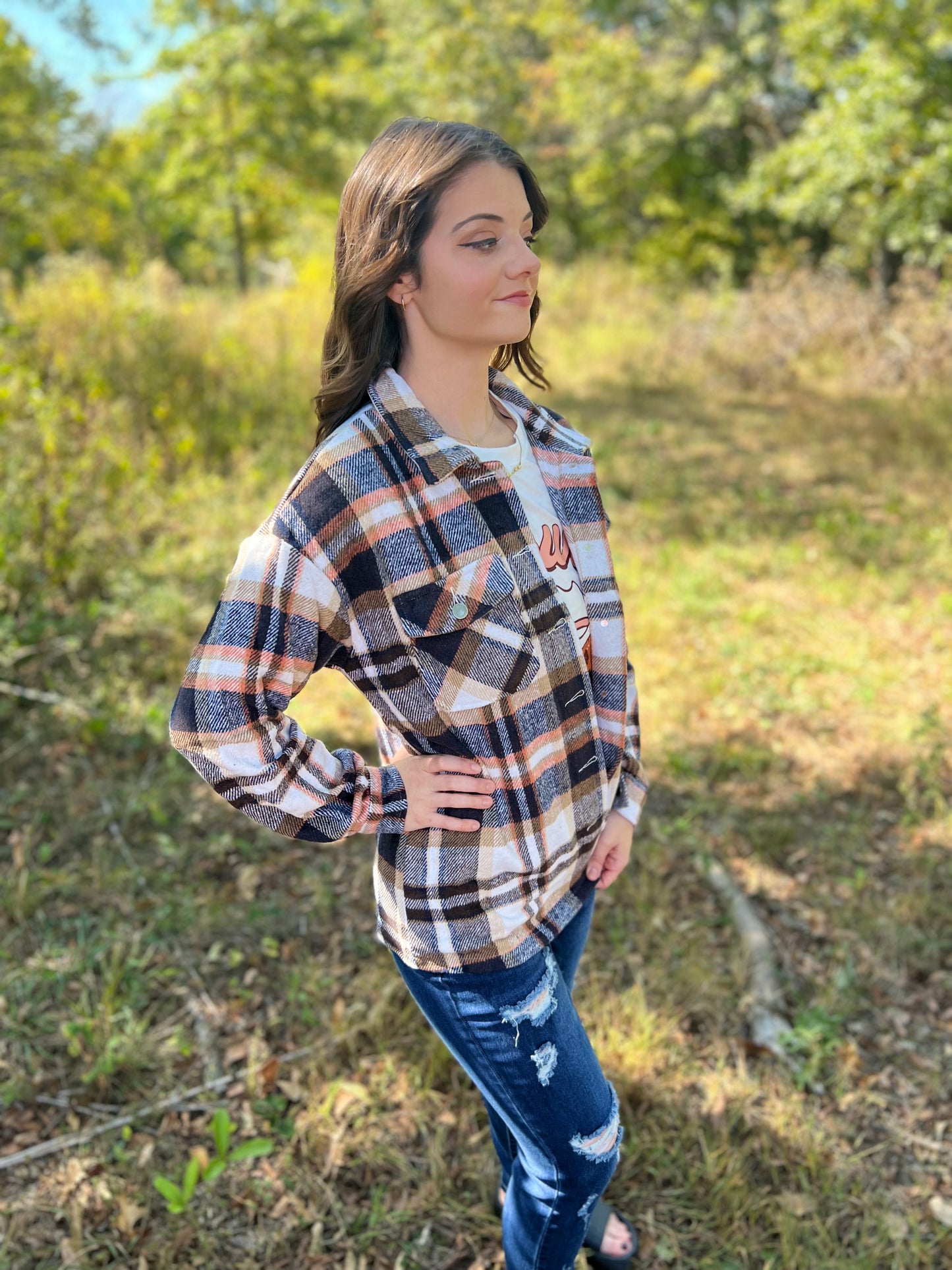 Blue Geometric Plaid Print Pocketed Shirt