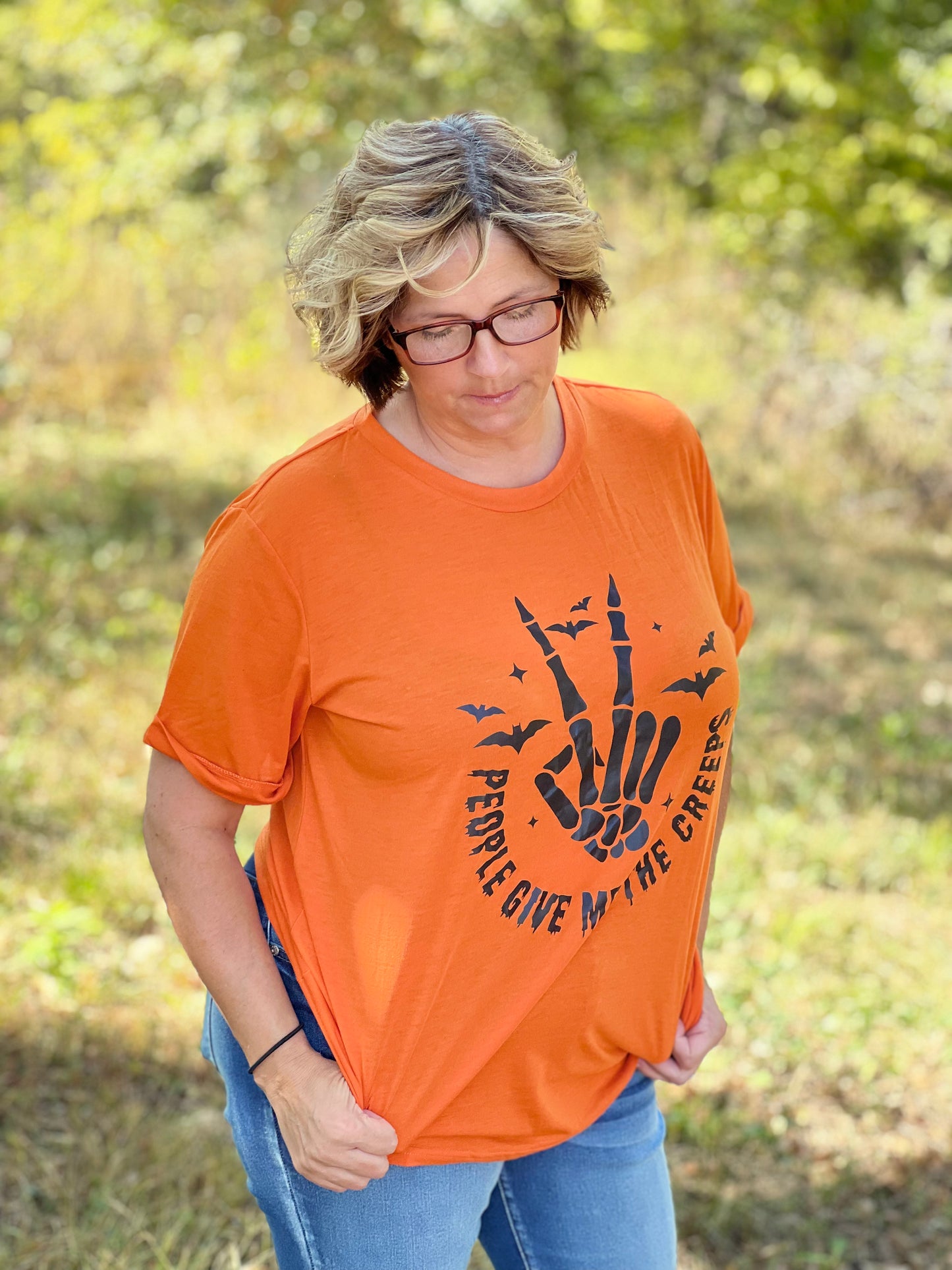 Orange Skeleton Gesture Bat Letter Print Short Sleeve Graphic Tee