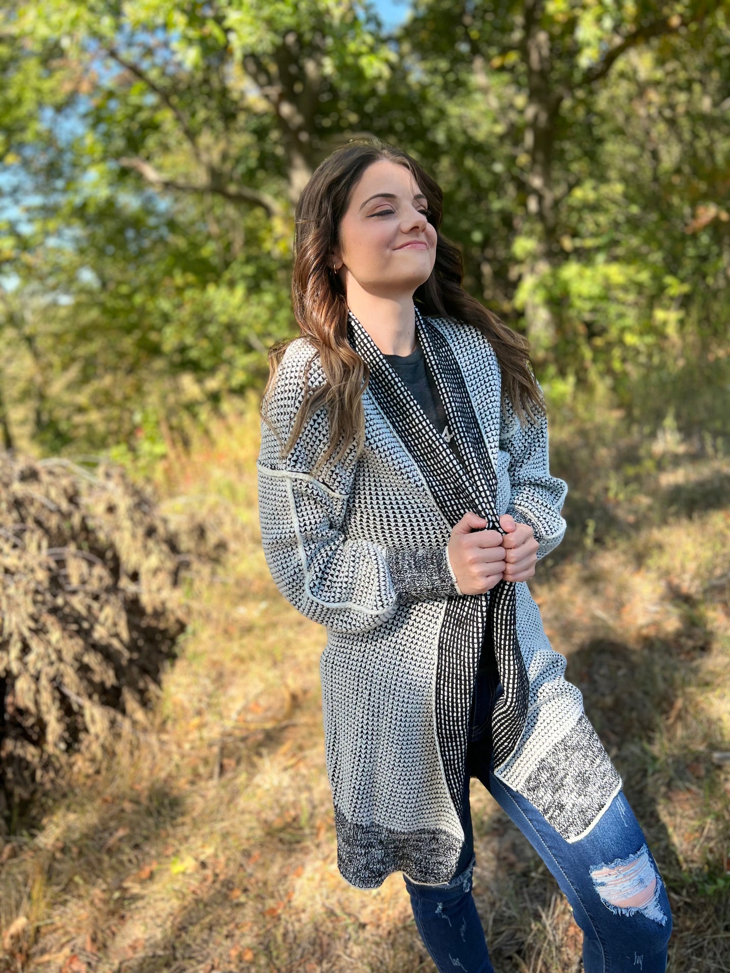 Gray Plaid Knitted Long Open Front Cardigan