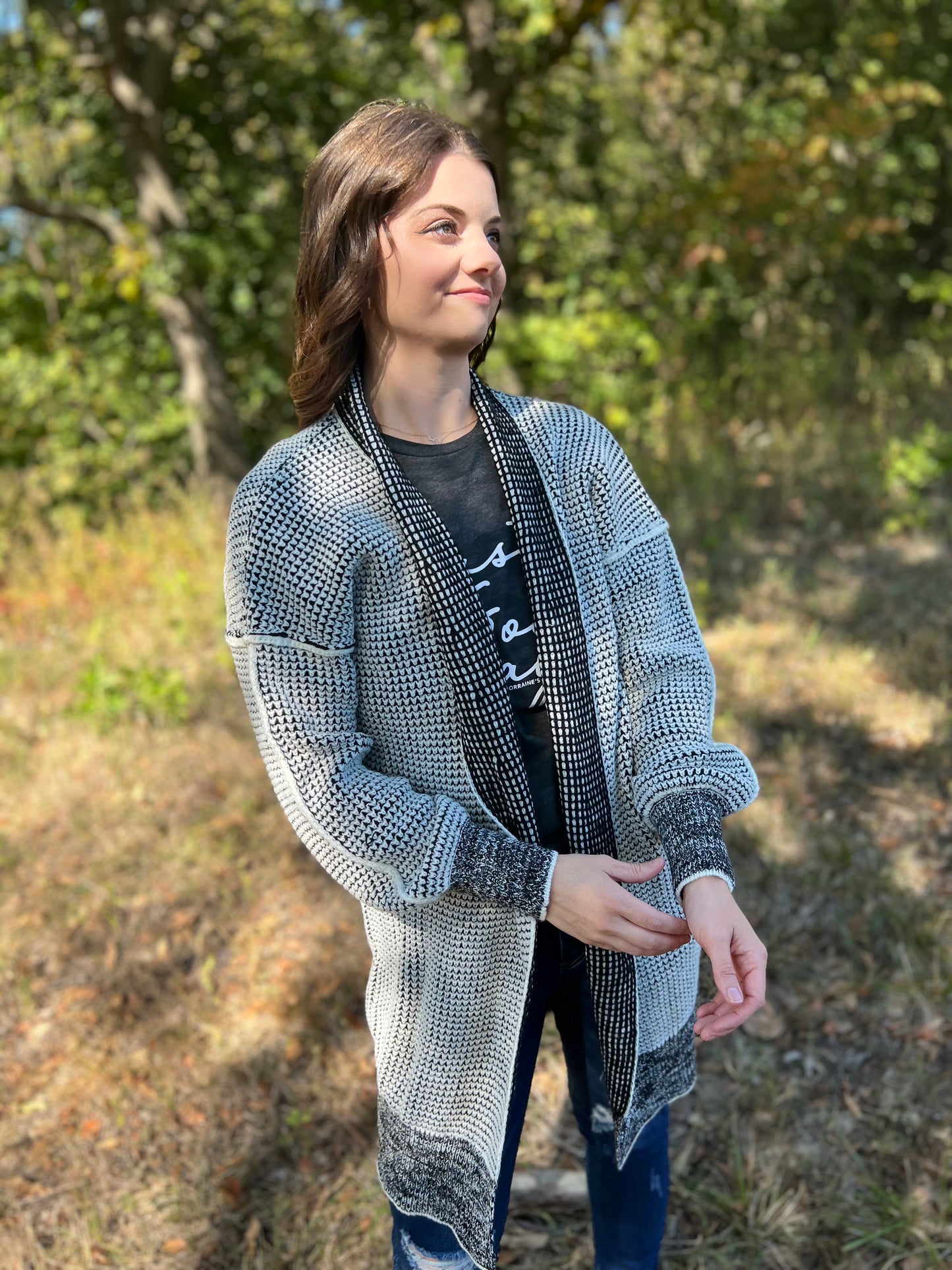 Gray Plaid Knitted Long Open Front Cardigan