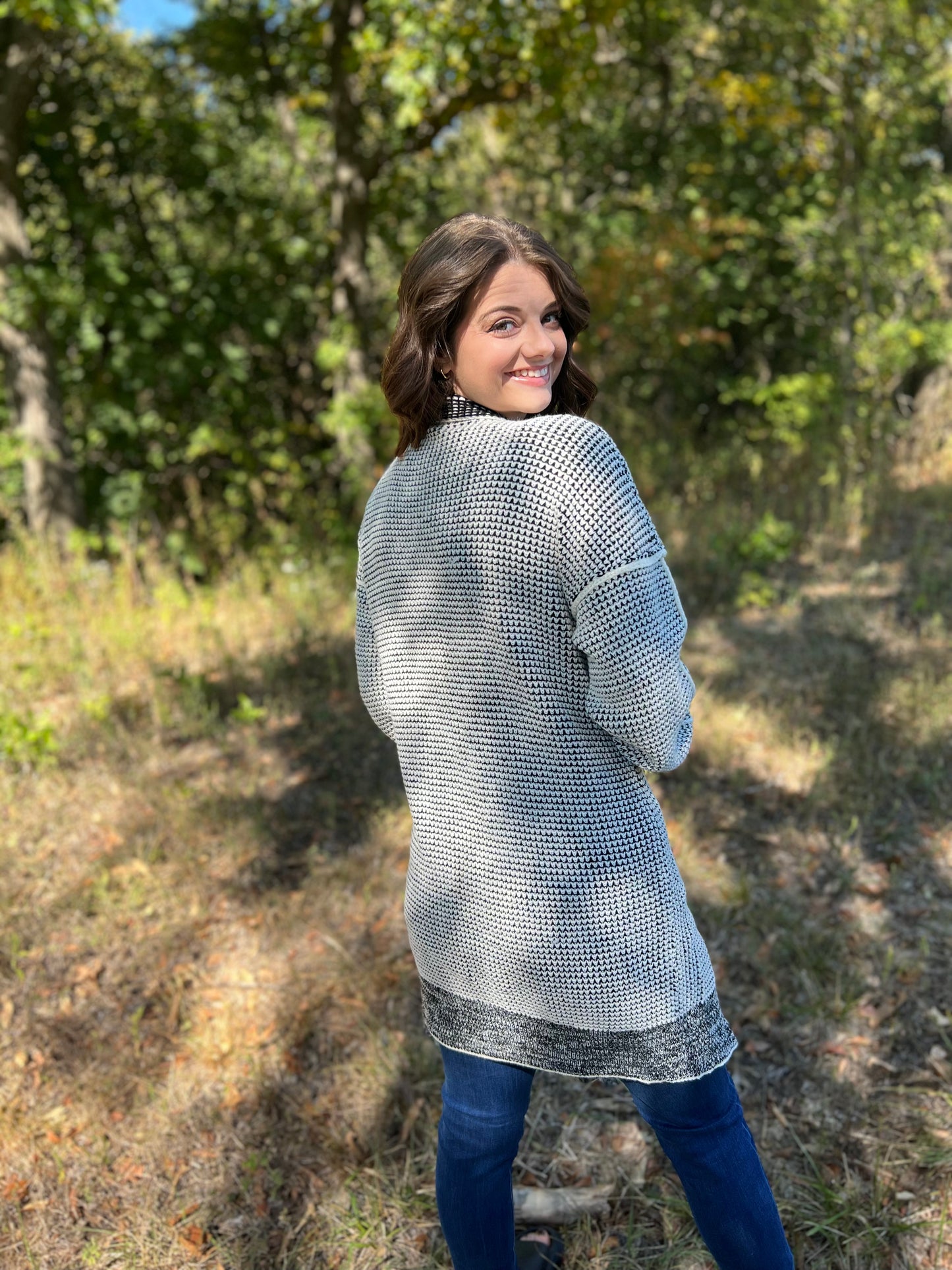 Gray Plaid Knitted Long Open Front Cardigan