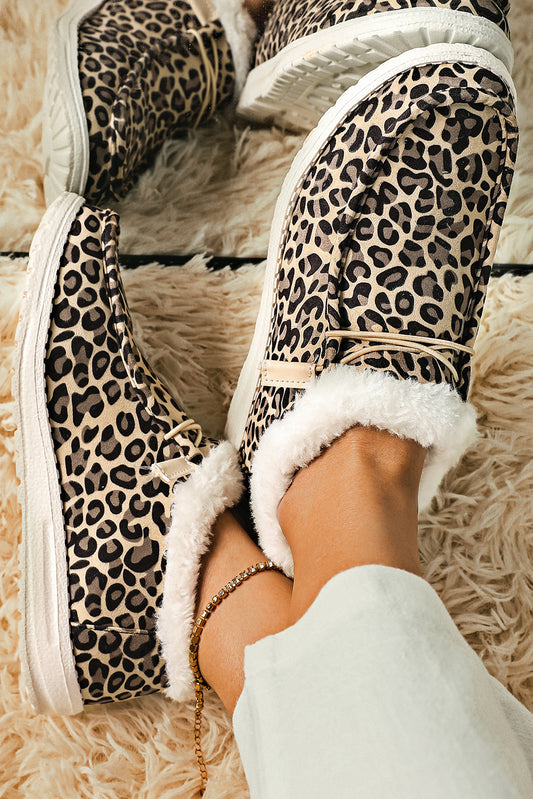 Leopard Pattern Lace Up Furry Flat Shoes